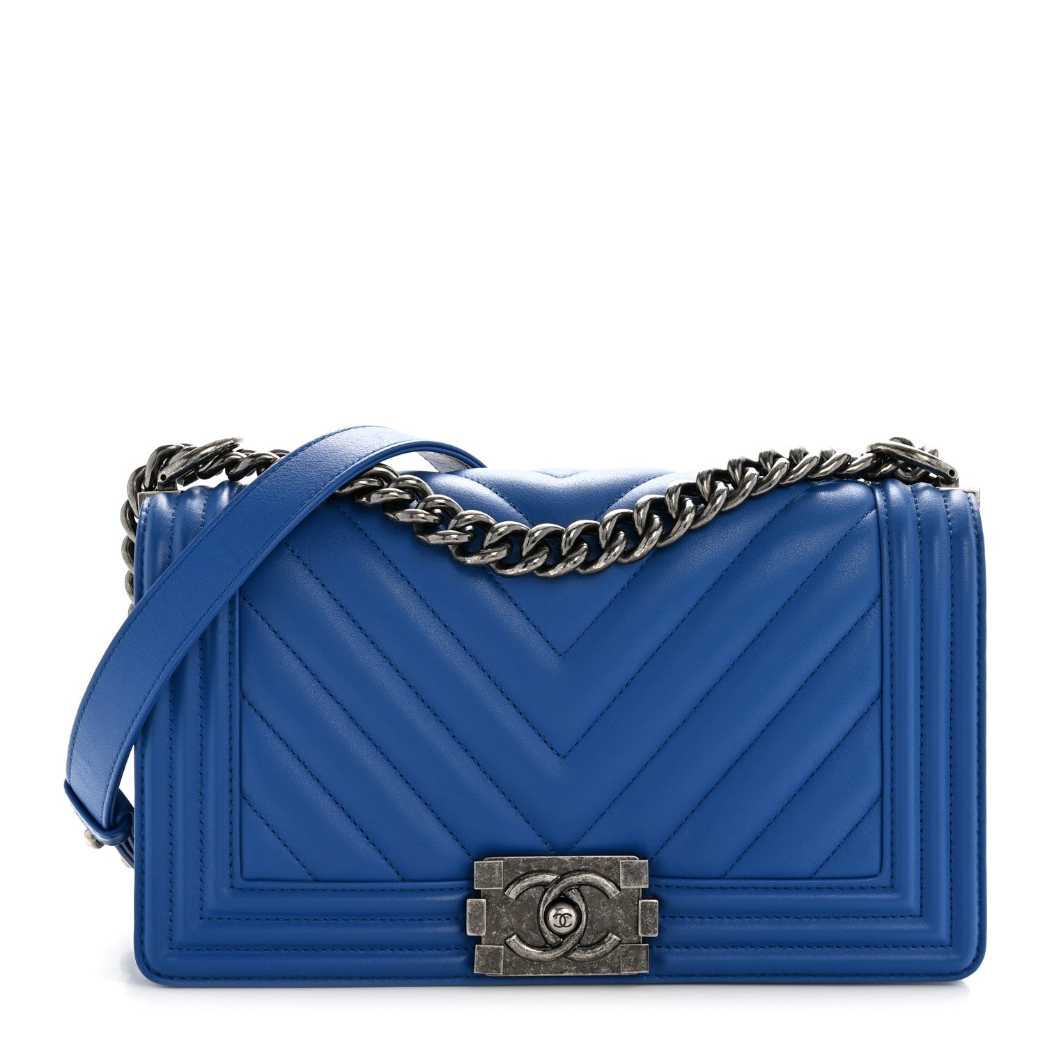 Calfskin Chevron Quilted Medium Boy Flap Blue