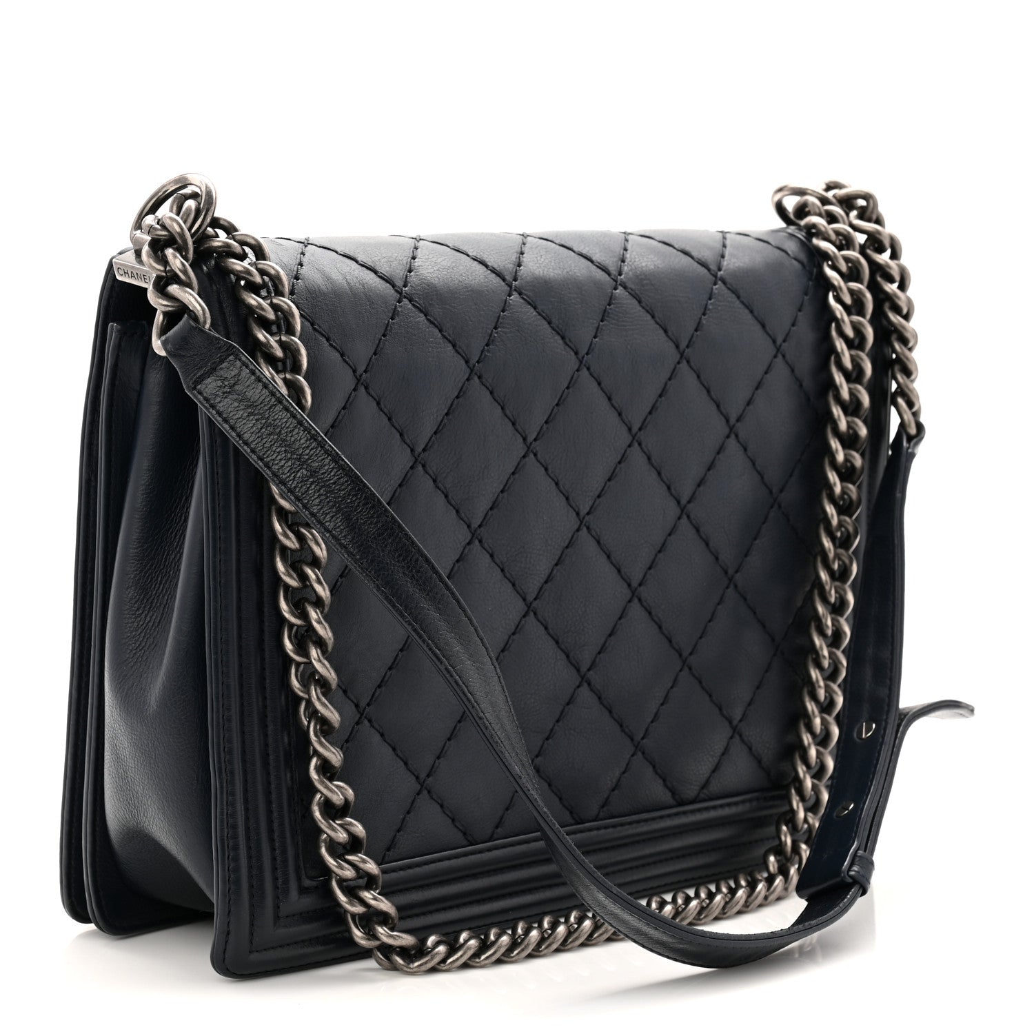 Calfskin Double Stitch Large Boy Flap Navy Blue