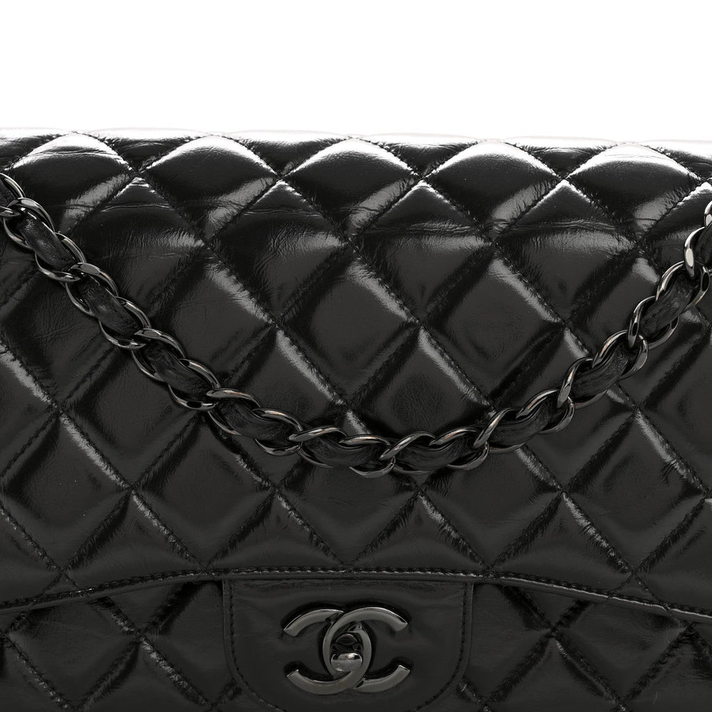 Shiny Crumpled Calfskin Quilted Jumbo Double Flap So Black