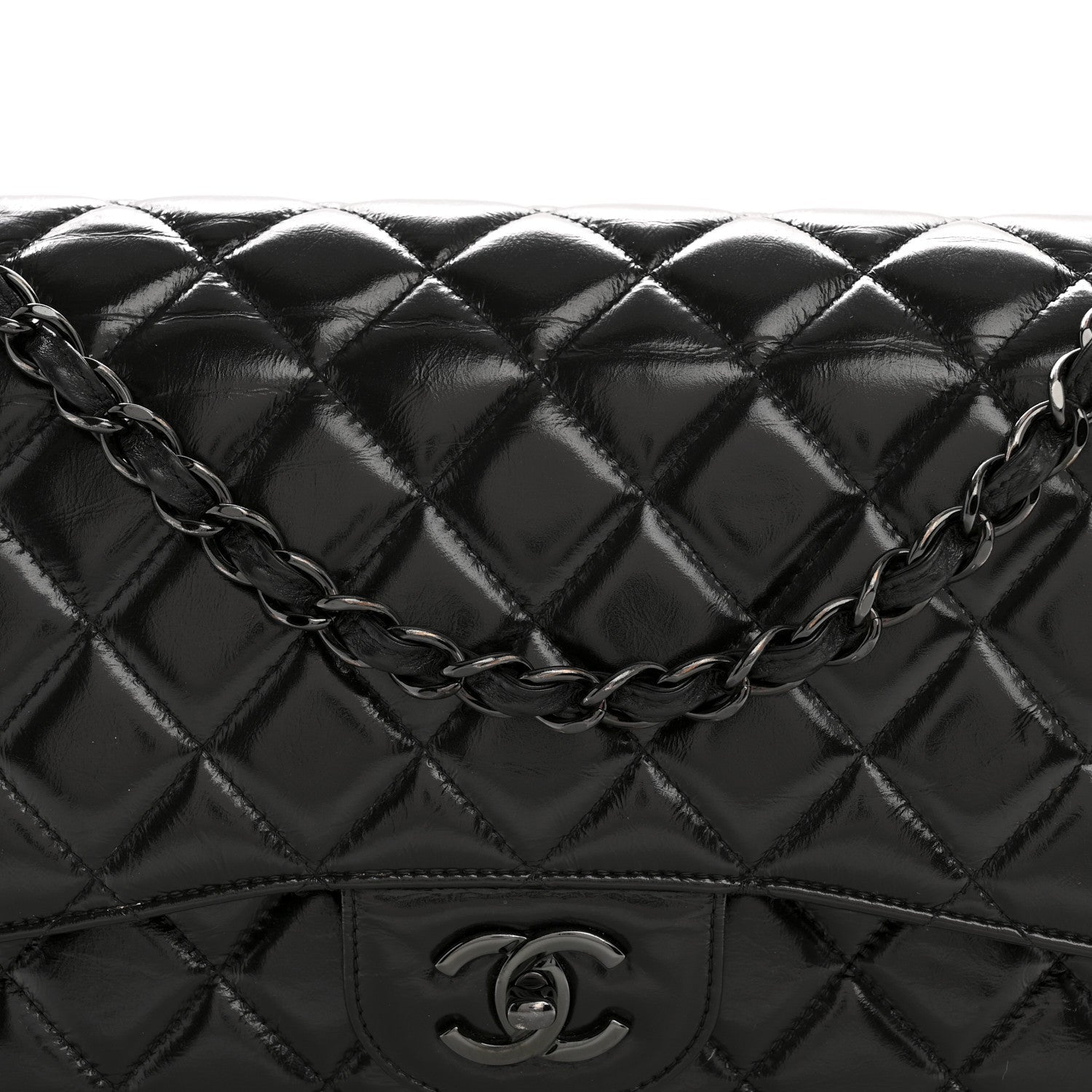 Shiny Crumpled Calfskin Quilted Jumbo Double Flap So Black