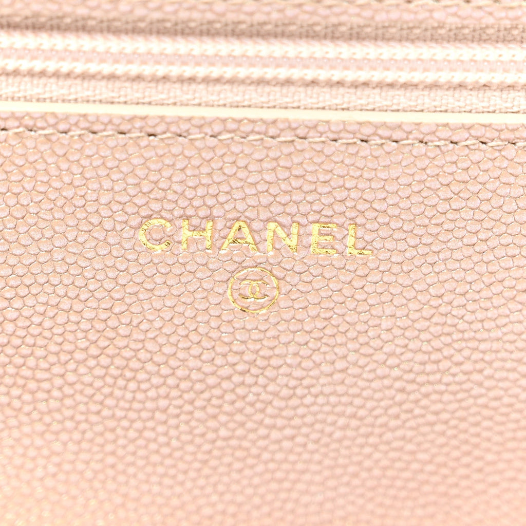 Iridescent Caviar Quilted Wallet on Chain WOC Beige