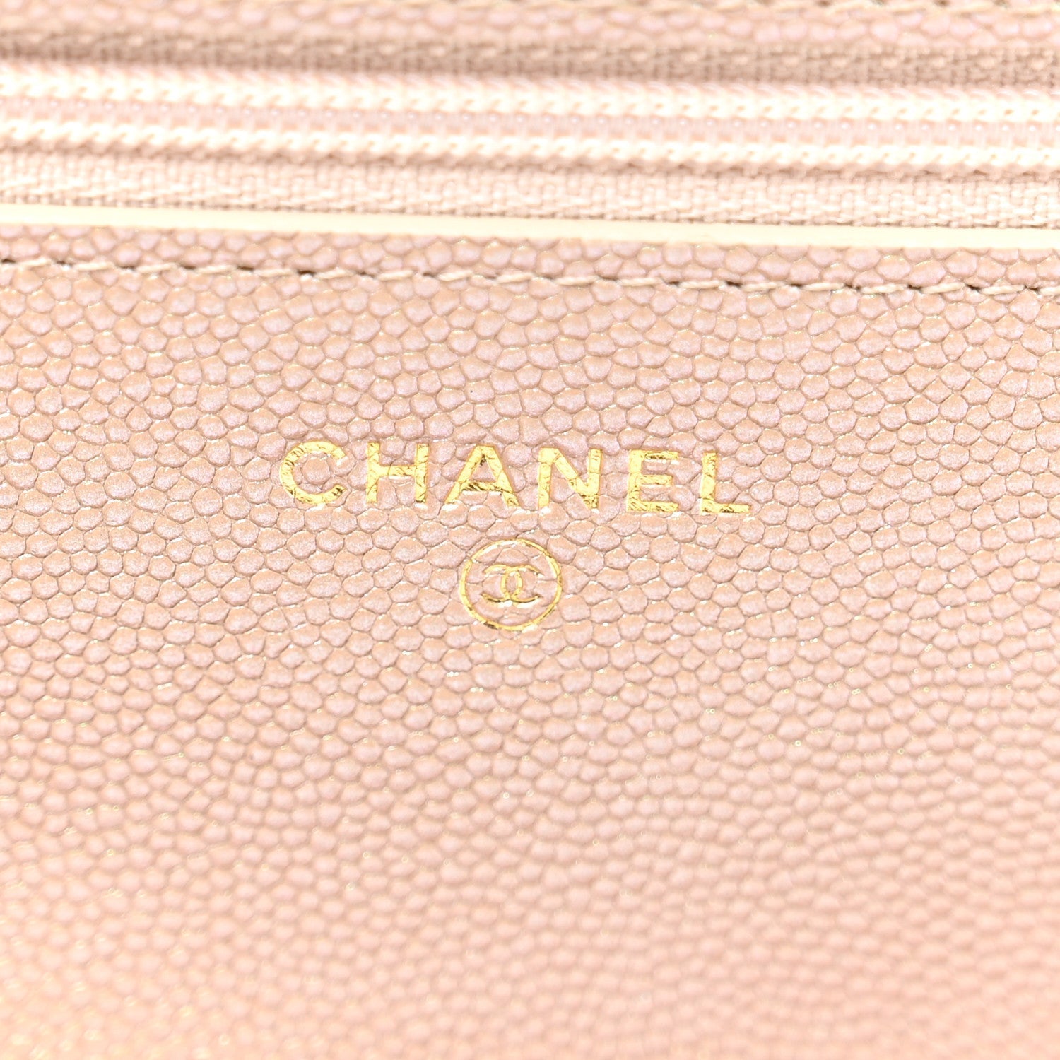 Iridescent Caviar Quilted Wallet on Chain WOC Beige