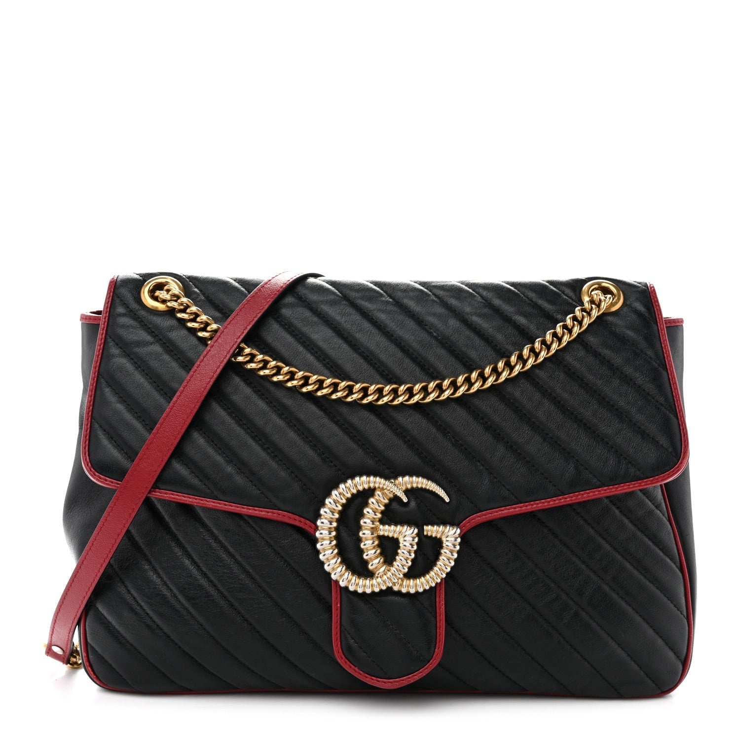 Vintage Effect Calfskin Matelasse Diagonal Large Torchon GG Marmont Shoulder Bag Black Romantic Cherry