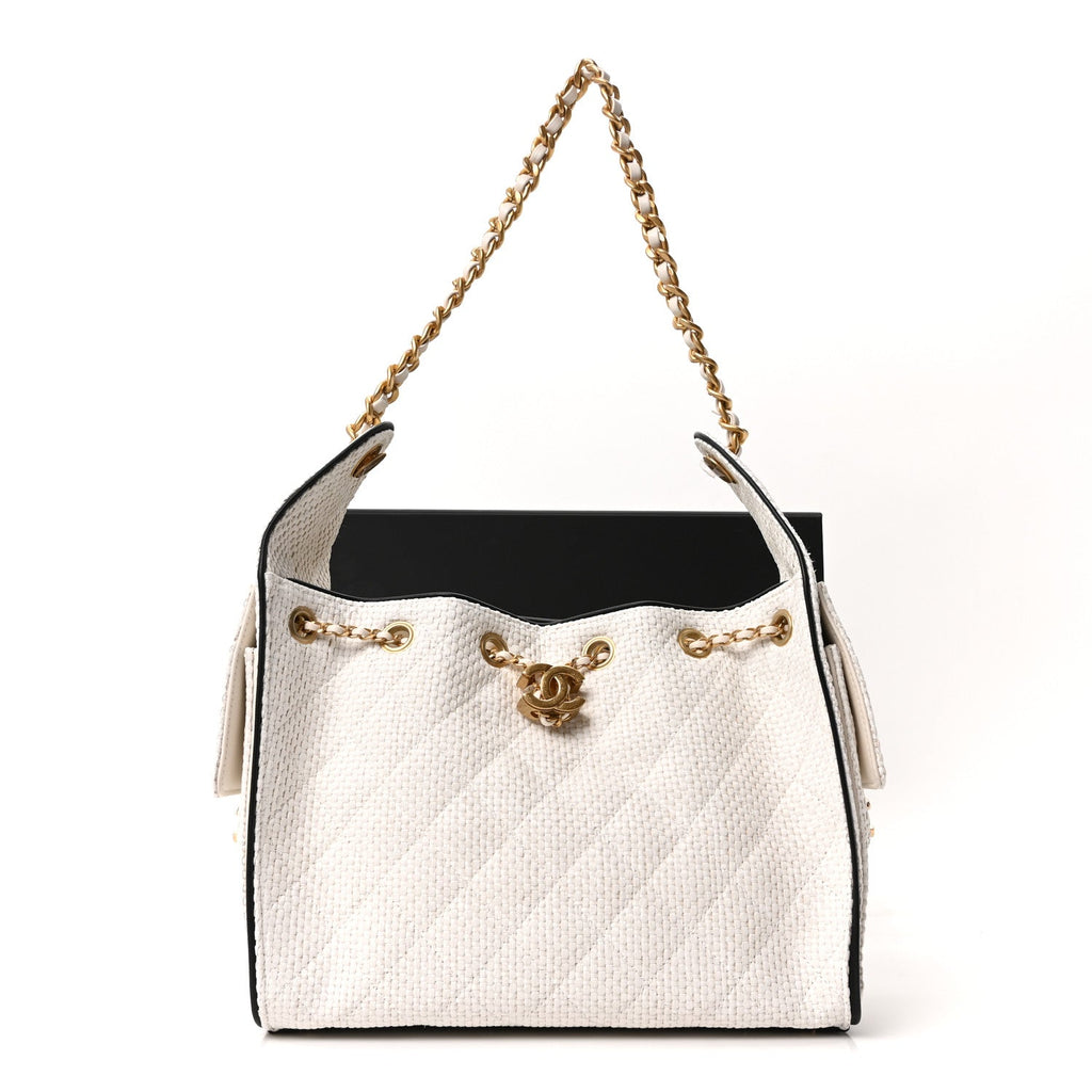 Braided Raffia Calfskin Quilted Small Chanel 25 Handbag White Black