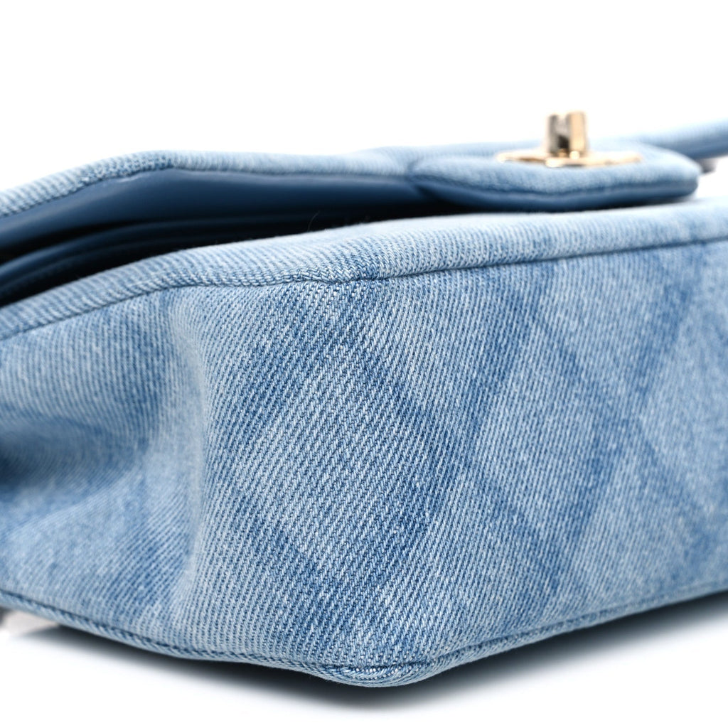 Printed Denim Quilted Small Double Flap Light Blue