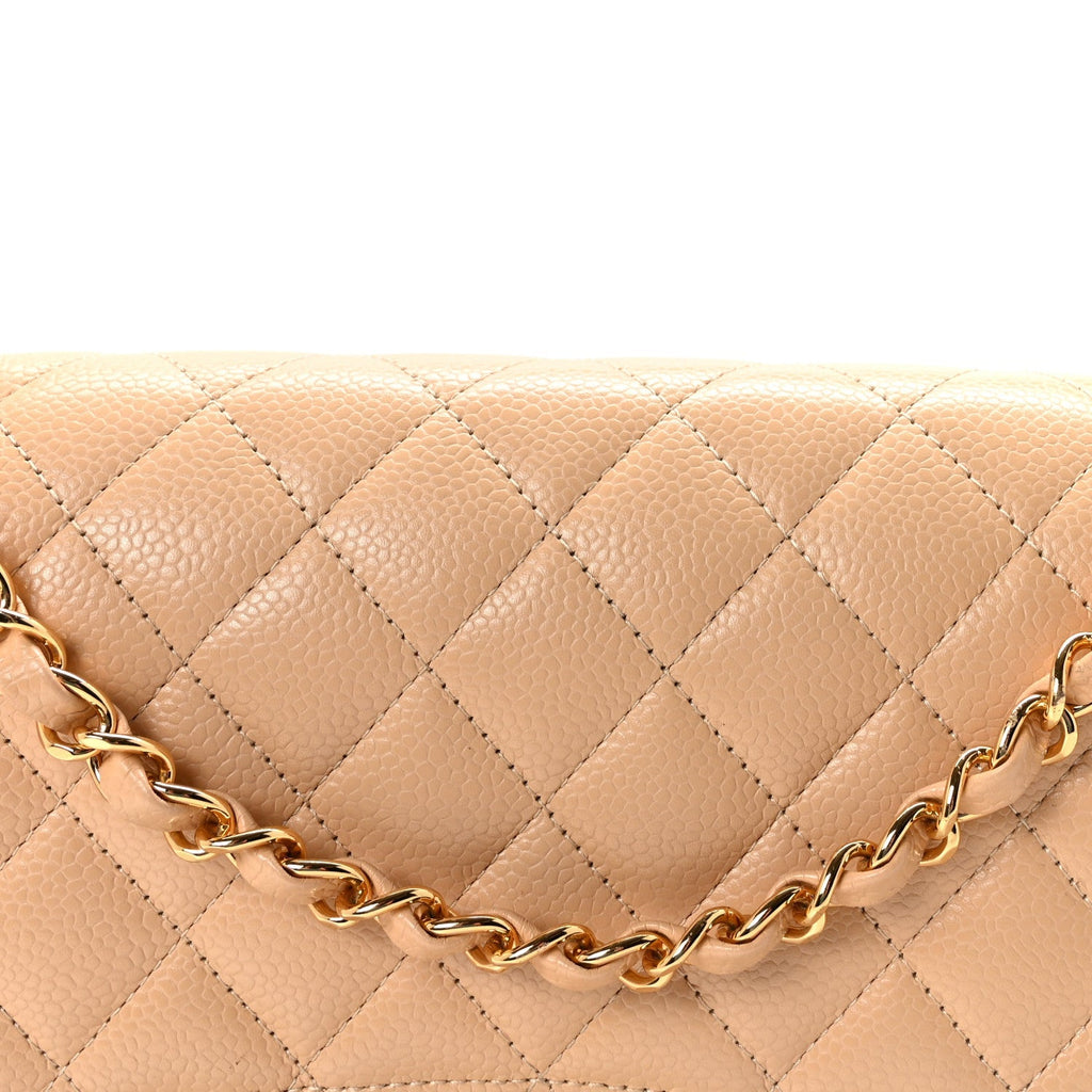 Caviar Quilted Medium Double Flap Beige