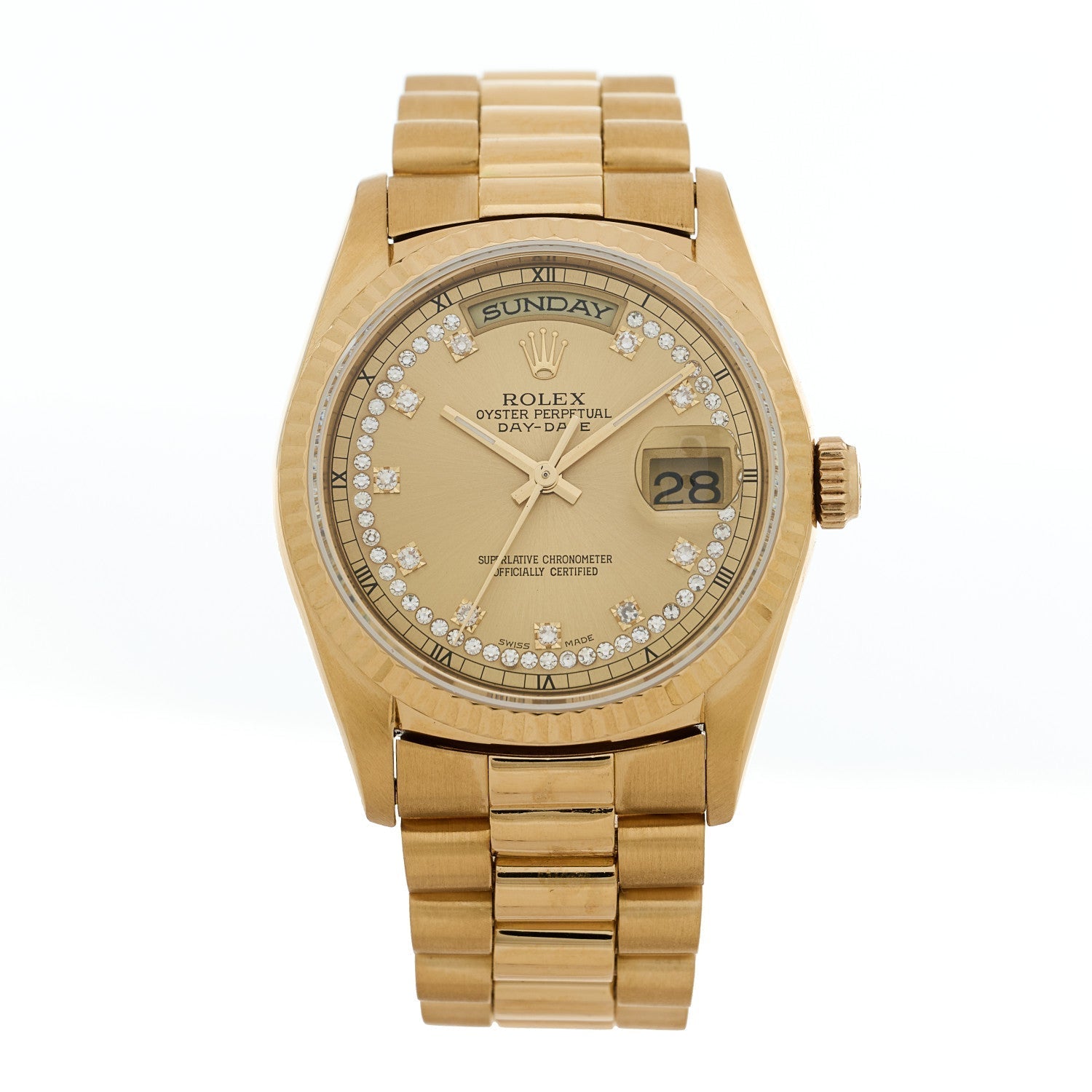 18K Yellow Gold Diamond 36mm Oyster Perpetual Day-Date President Watch Champagne 18238