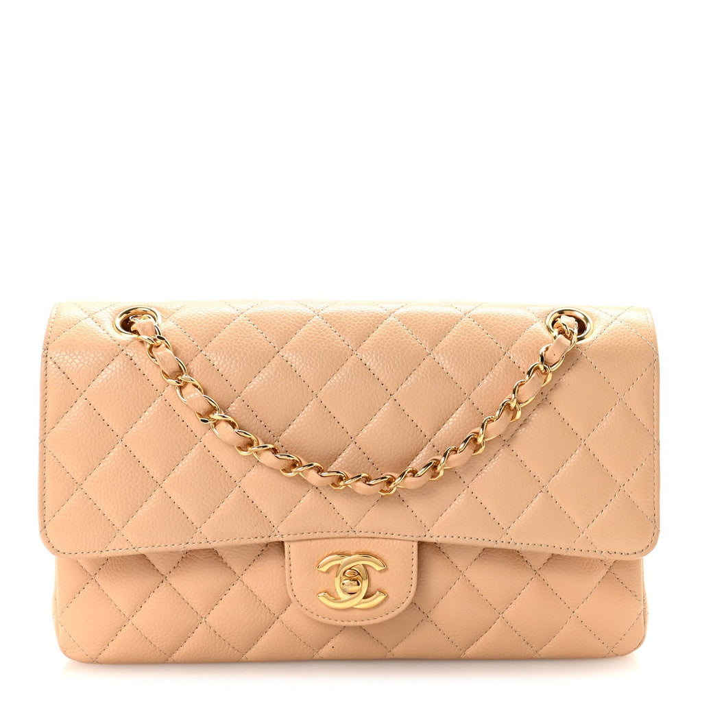 Caviar Quilted Medium Double Flap Beige