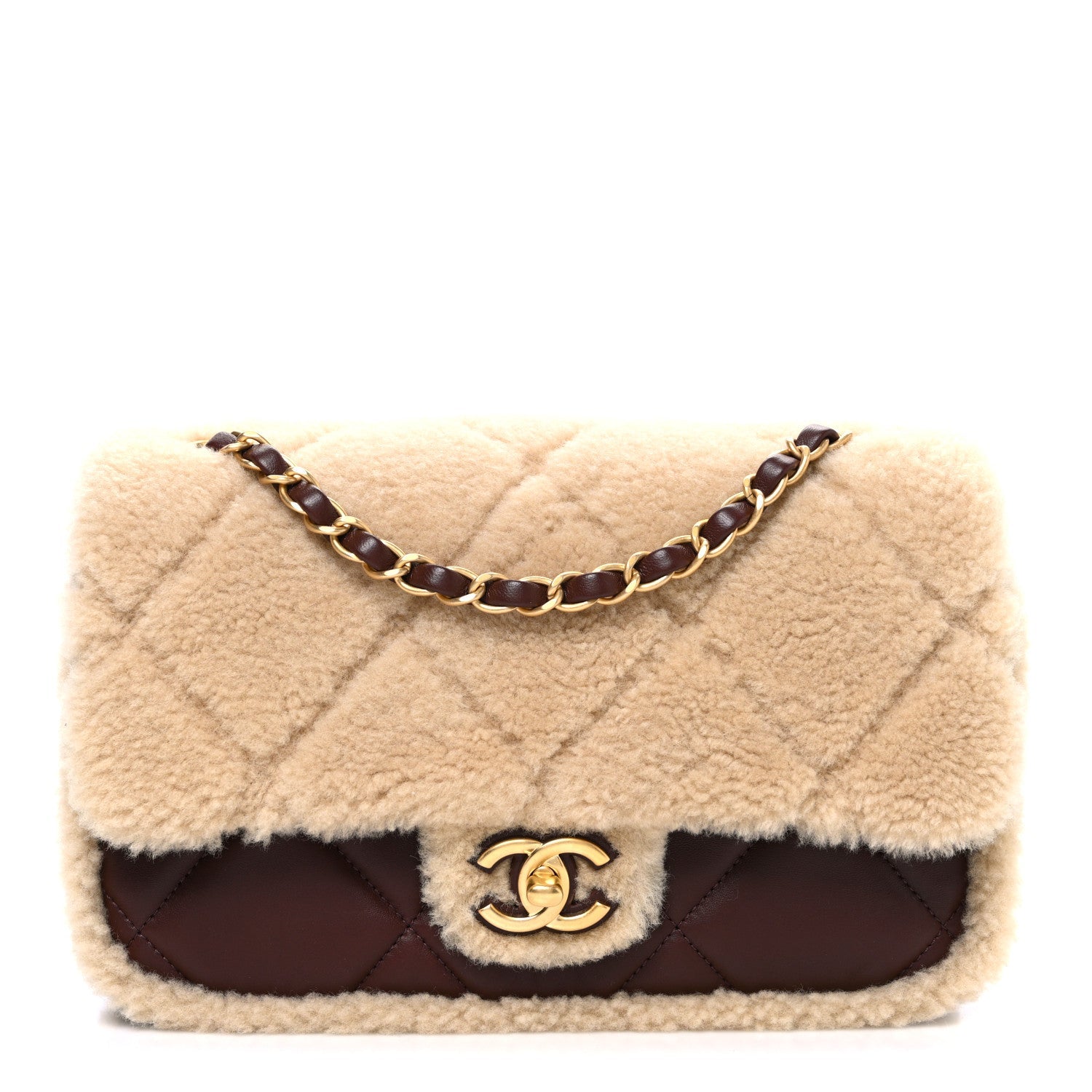 Shearling Lambskin Quilted Furry Coco Flap Dark Brown Beige