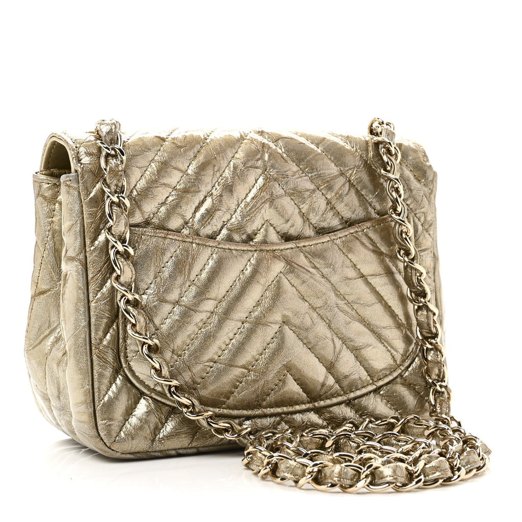 Patent Metallic Crumpled Calfskin Chevron Quilted Mini Square Flap Gold