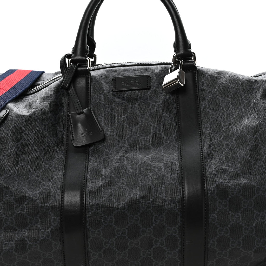 Soft GG Supreme Monogram Appia Calfskin Web Large Carry On Duffle Bag Black Grey