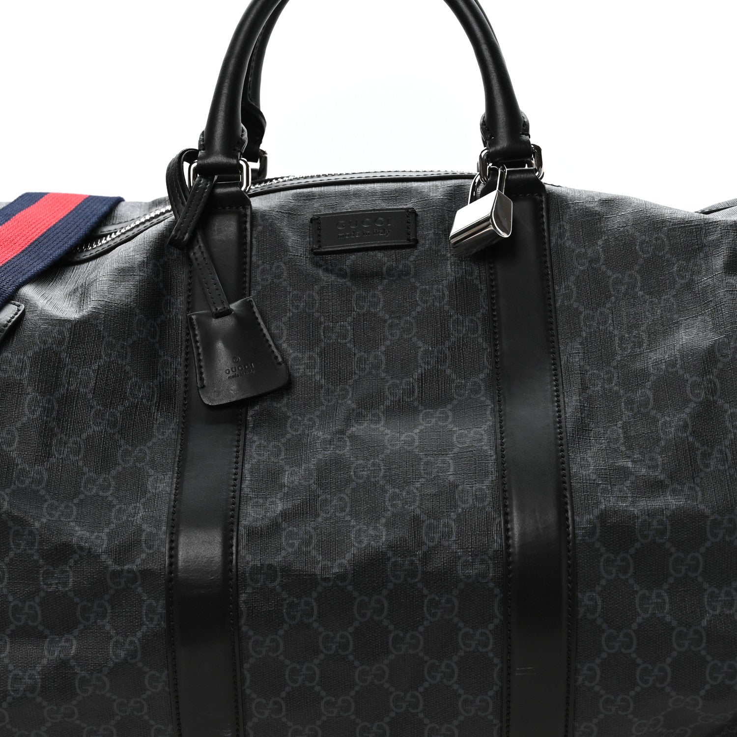 Soft GG Supreme Monogram Appia Calfskin Web Large Carry On Duffle Bag Black Grey