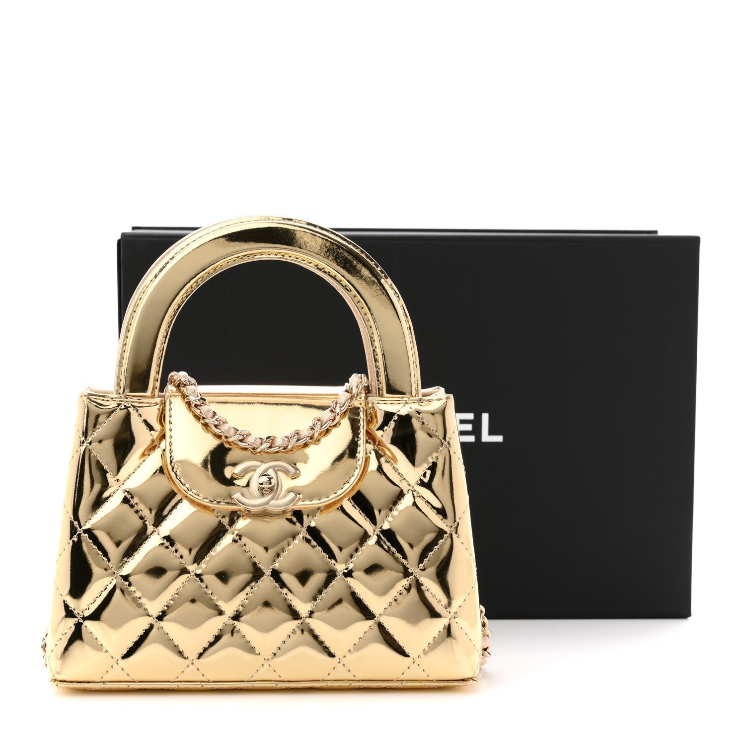 Mirror Calfskin Metallic Calfskin Quilted Nano Kelly Shopper Gold