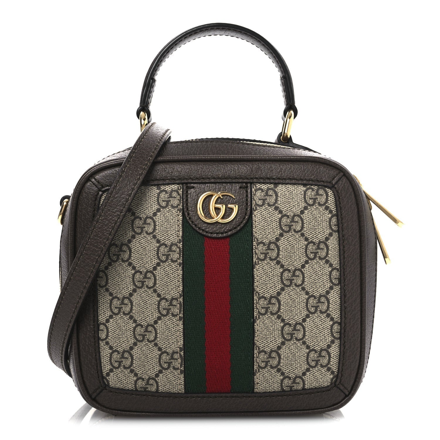 GG Supreme Monogram Textured Dollar Calfskin Mini Ophidia Top Handle Square Shoulder Bag Beige Ebony New Acero