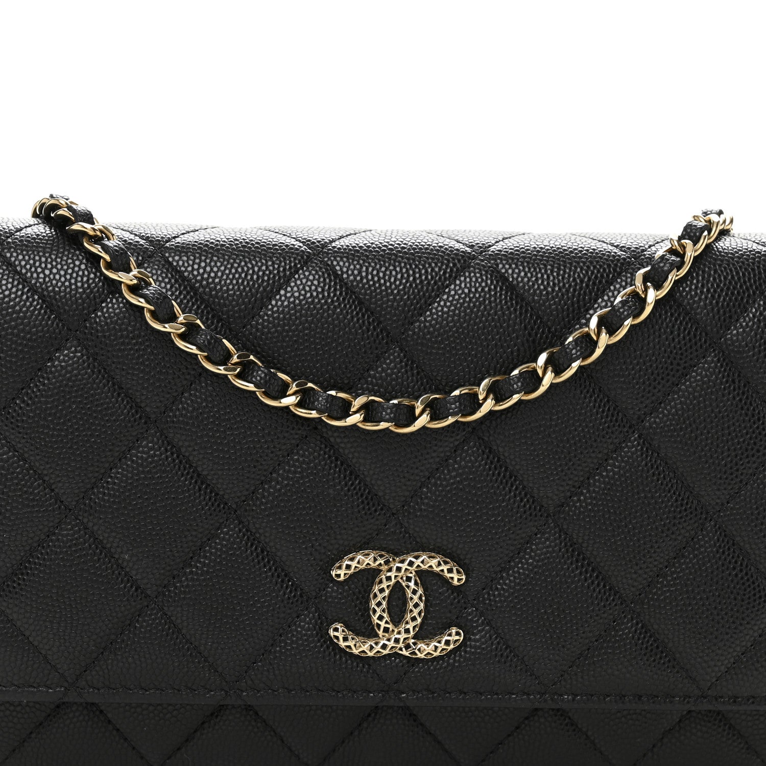 Caviar Quilted Perforated Metal CC Wallet On Chain WOC Black