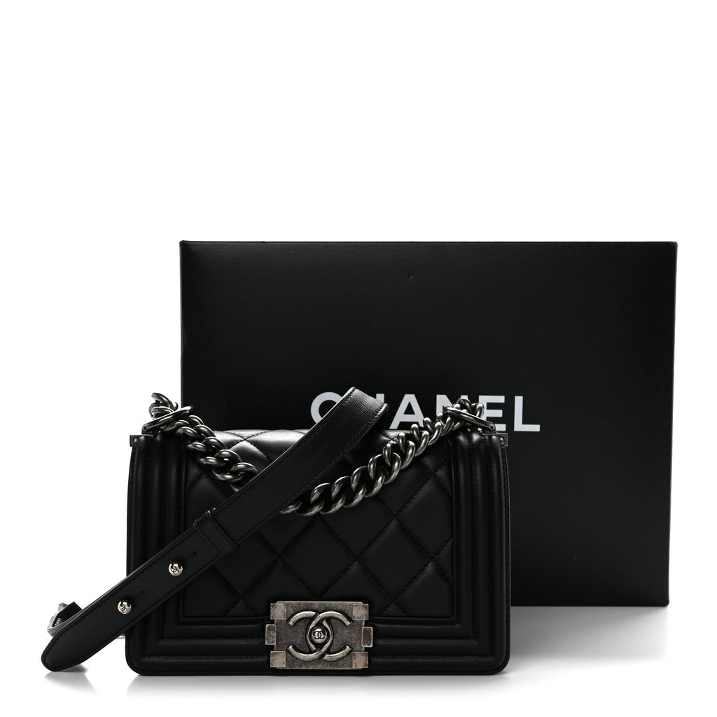 Calfskin Quilted Small Boy Flap Black