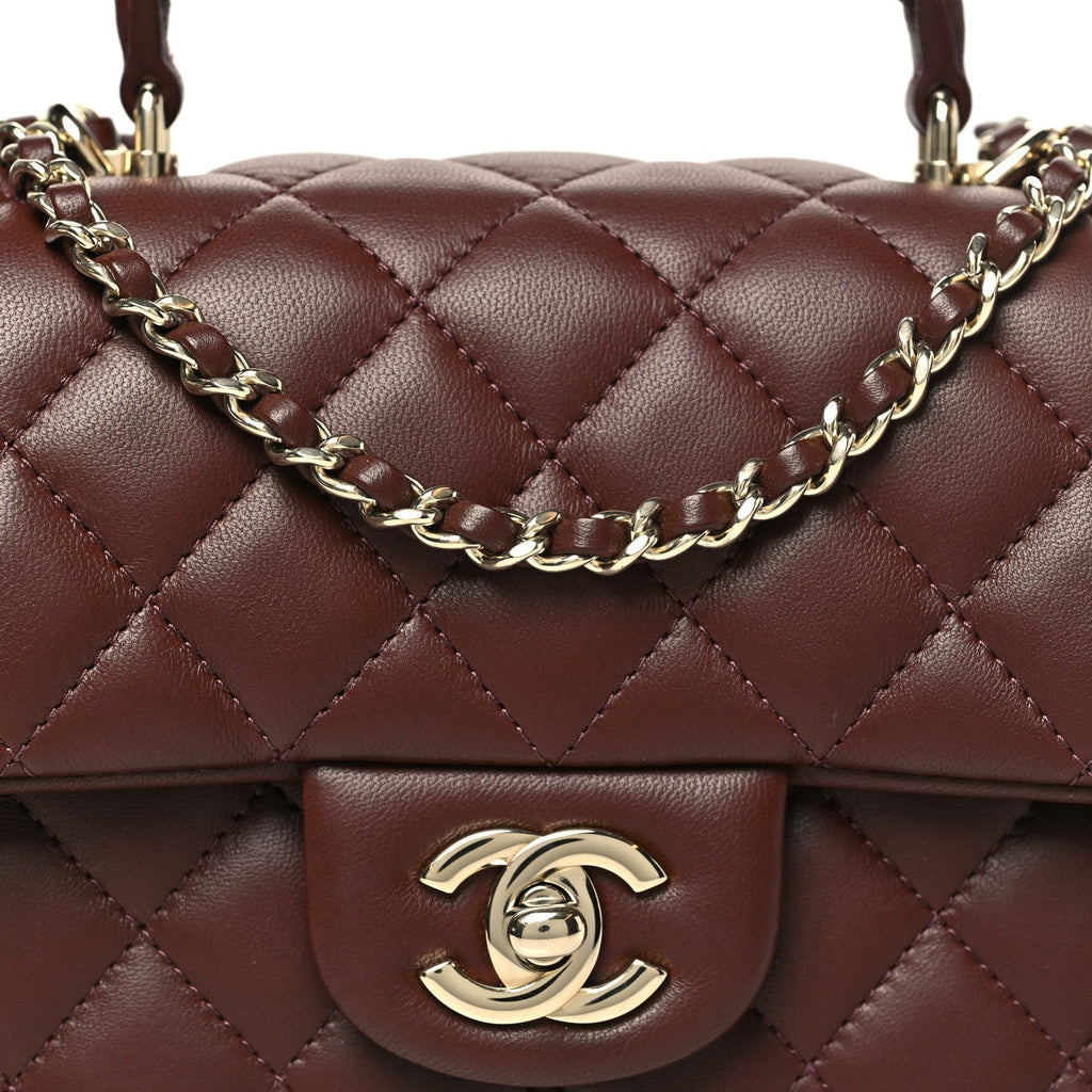 Lambskin Quilted Mini Top Handle Rectangular Flap Dark Brown