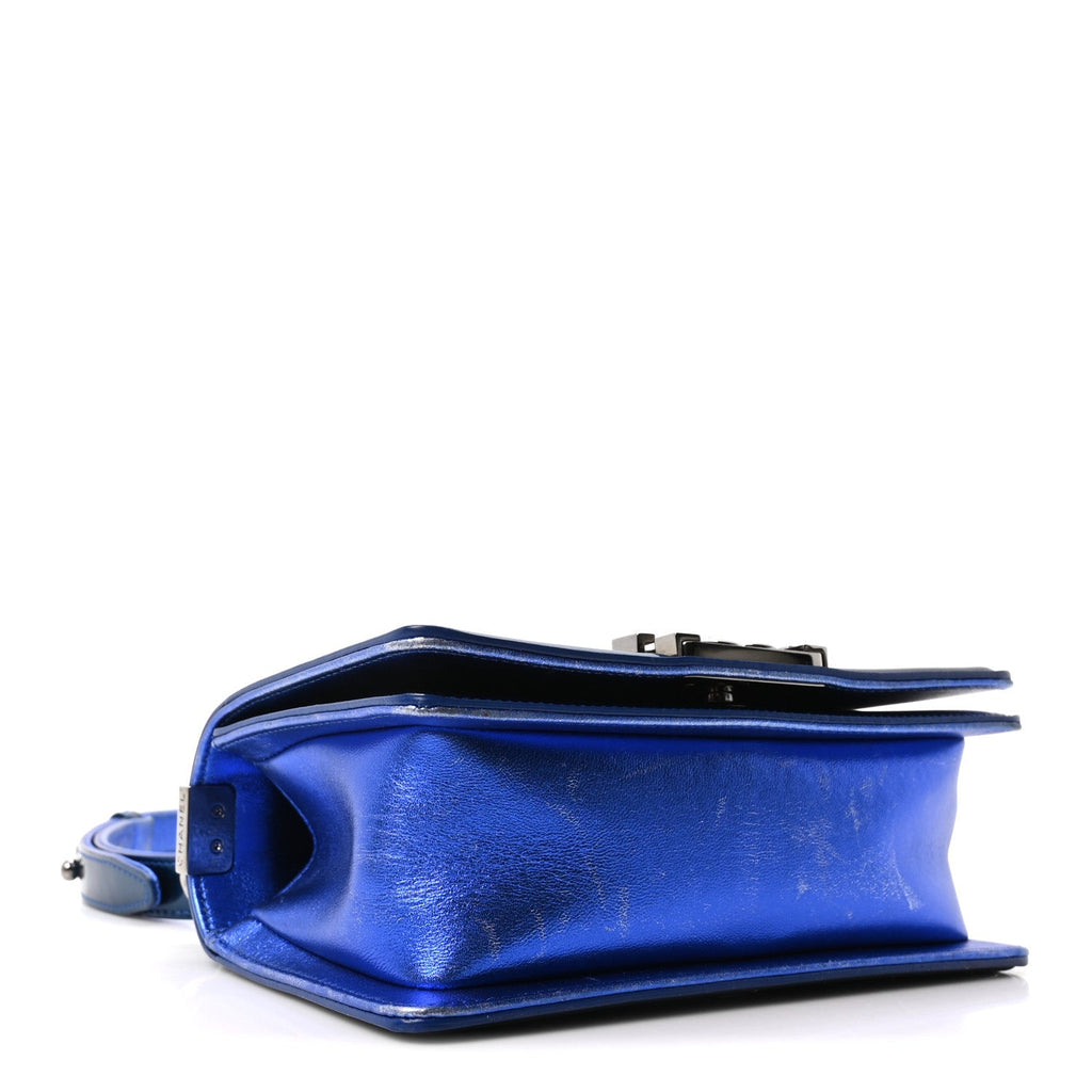 Metallic Patent Calfskin Quilted Small Boy Flap Blue