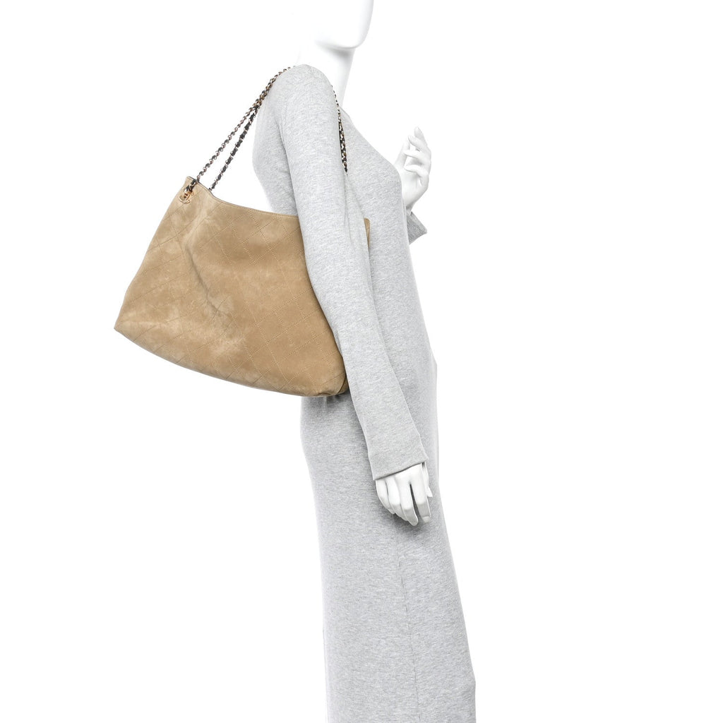 Suede Quilted Eyes On You Large Shopping Bag Beige