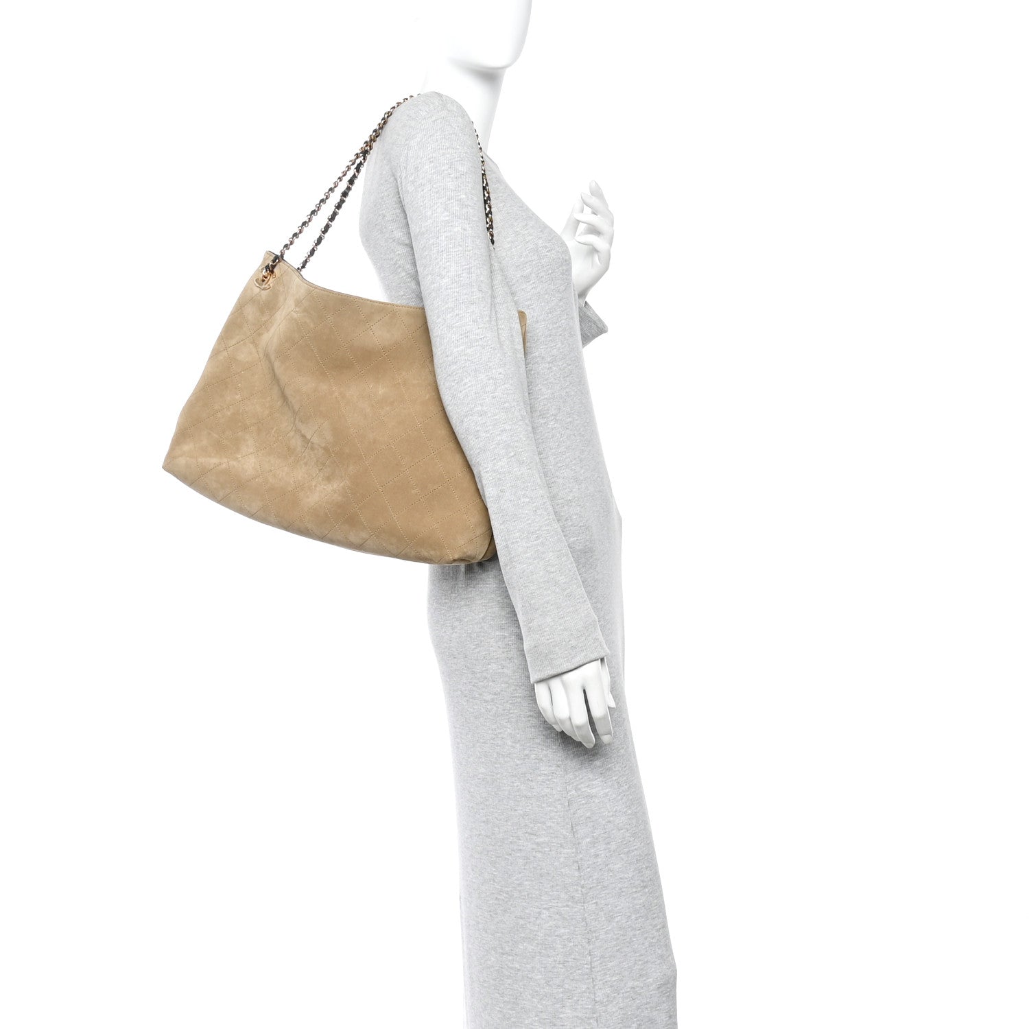 Suede Quilted Eyes On You Large Shopping Bag Beige