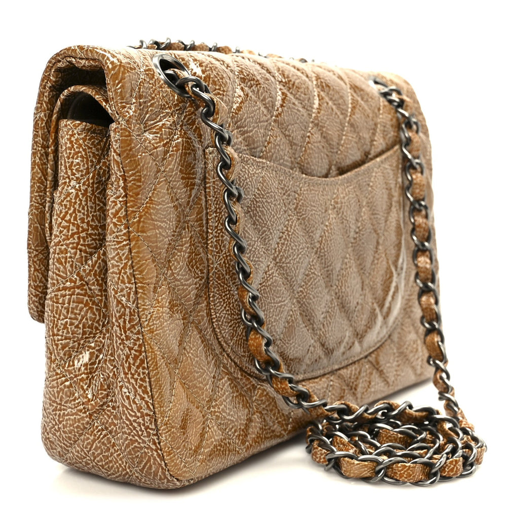 Crinkled Patent Quilted Medium Double Flap Beige