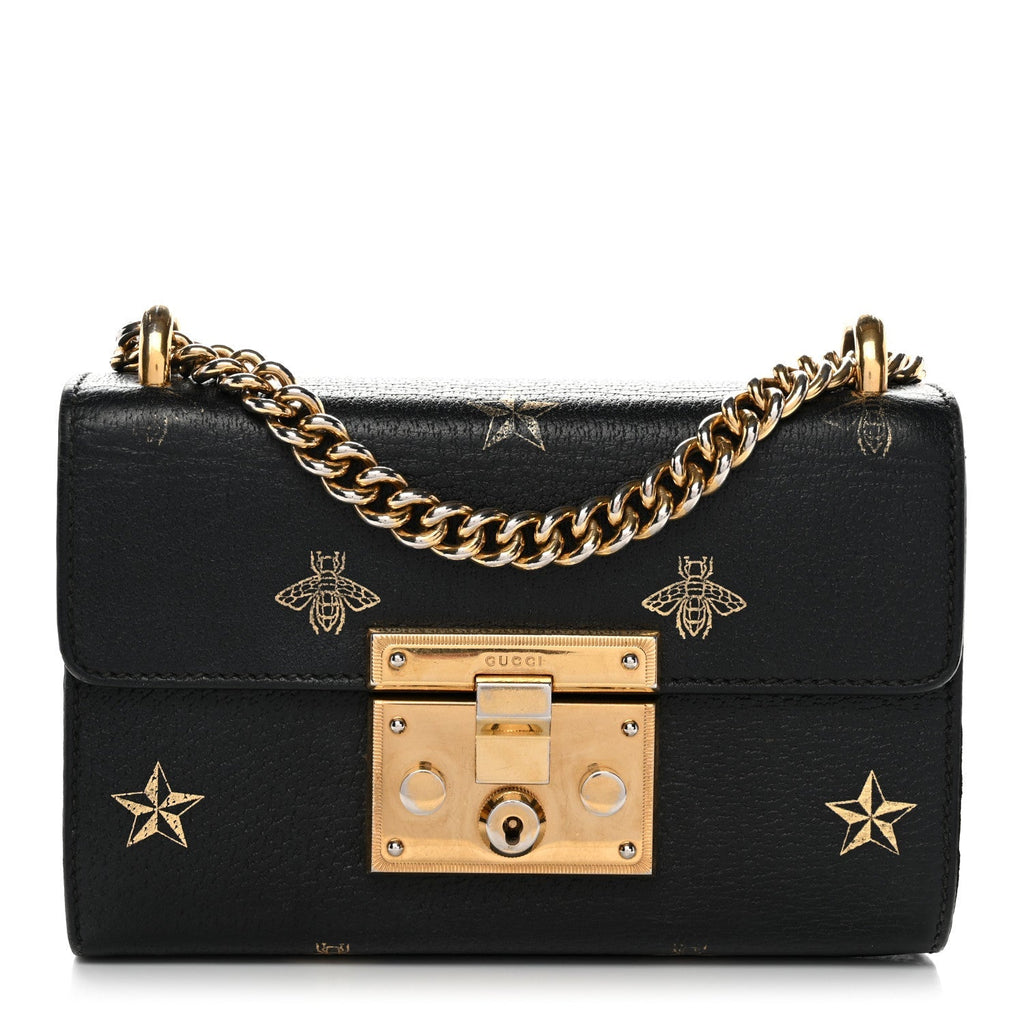 Grained Calfskin Bee Star Small Padlock Shoulder Bag Black