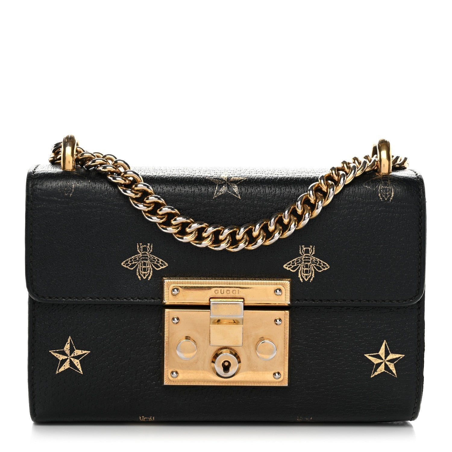 Grained Calfskin Bee Star Small Padlock Shoulder Bag Black