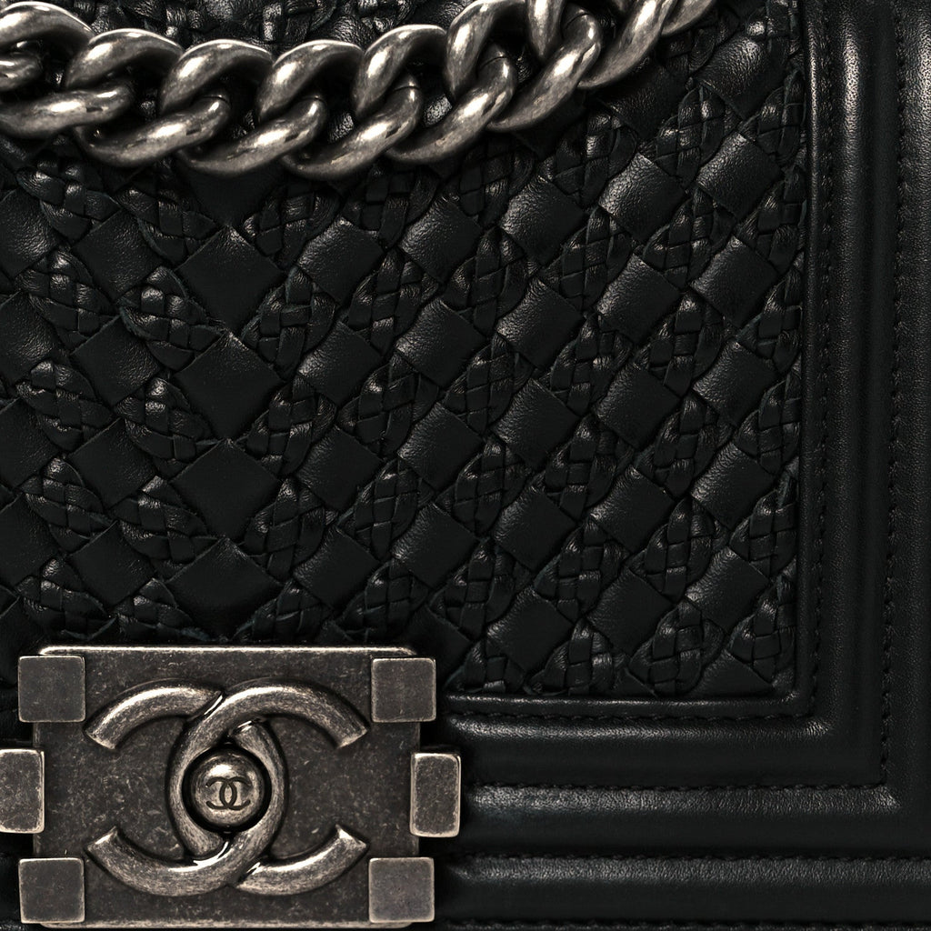 Lambskin Braided Woven Small Boy Flap Black