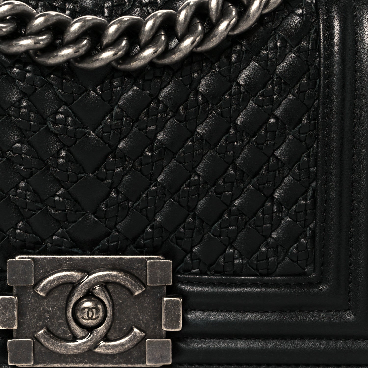 Lambskin Braided Woven Small Boy Flap Black