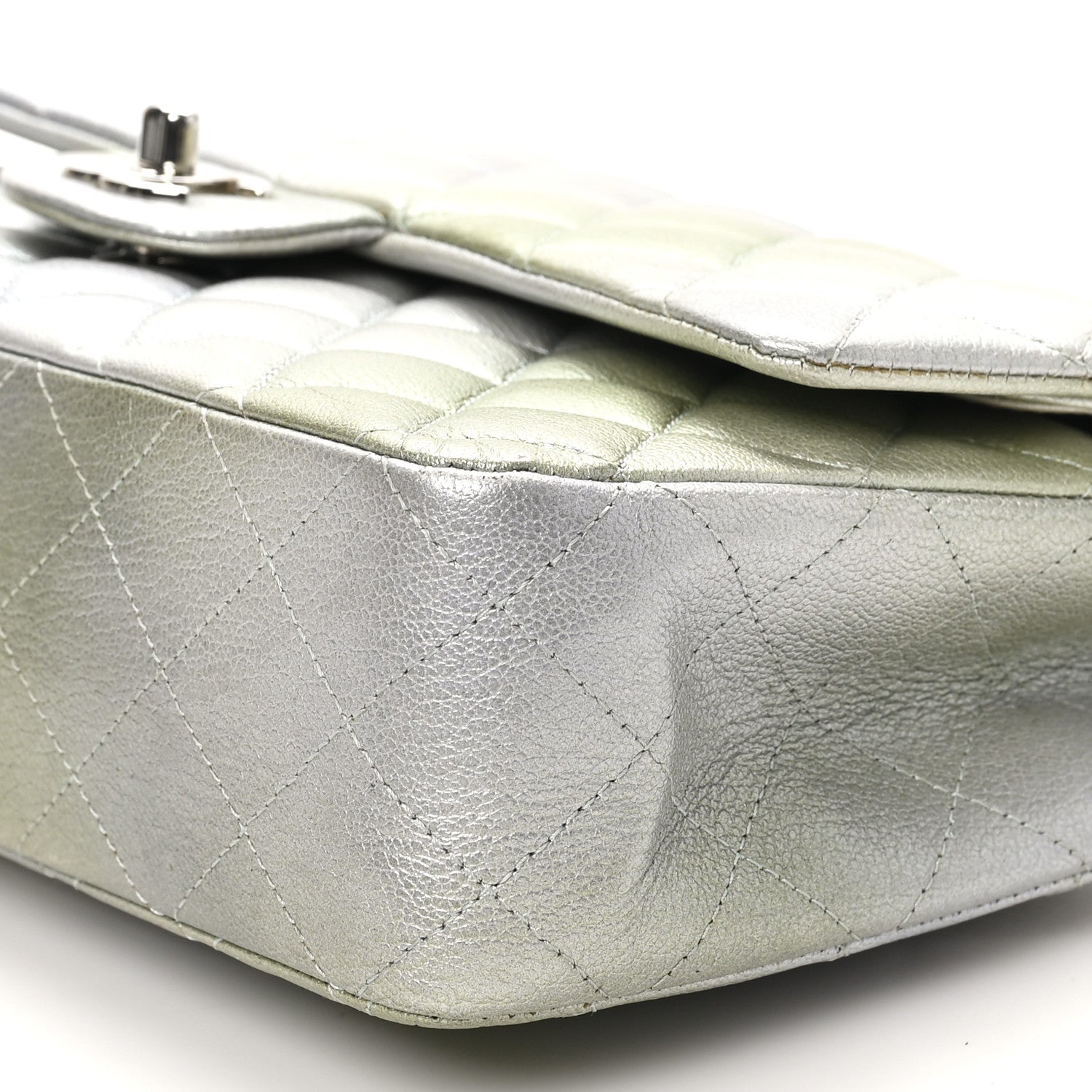 Metallic Goatskin Quilted Ombre Medium Double Flap Grey Green