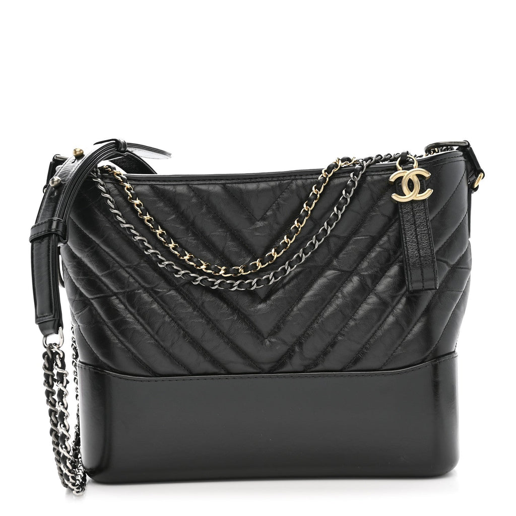 Aged Calfskin Chevron Quilted Medium Gabrielle Hobo Black