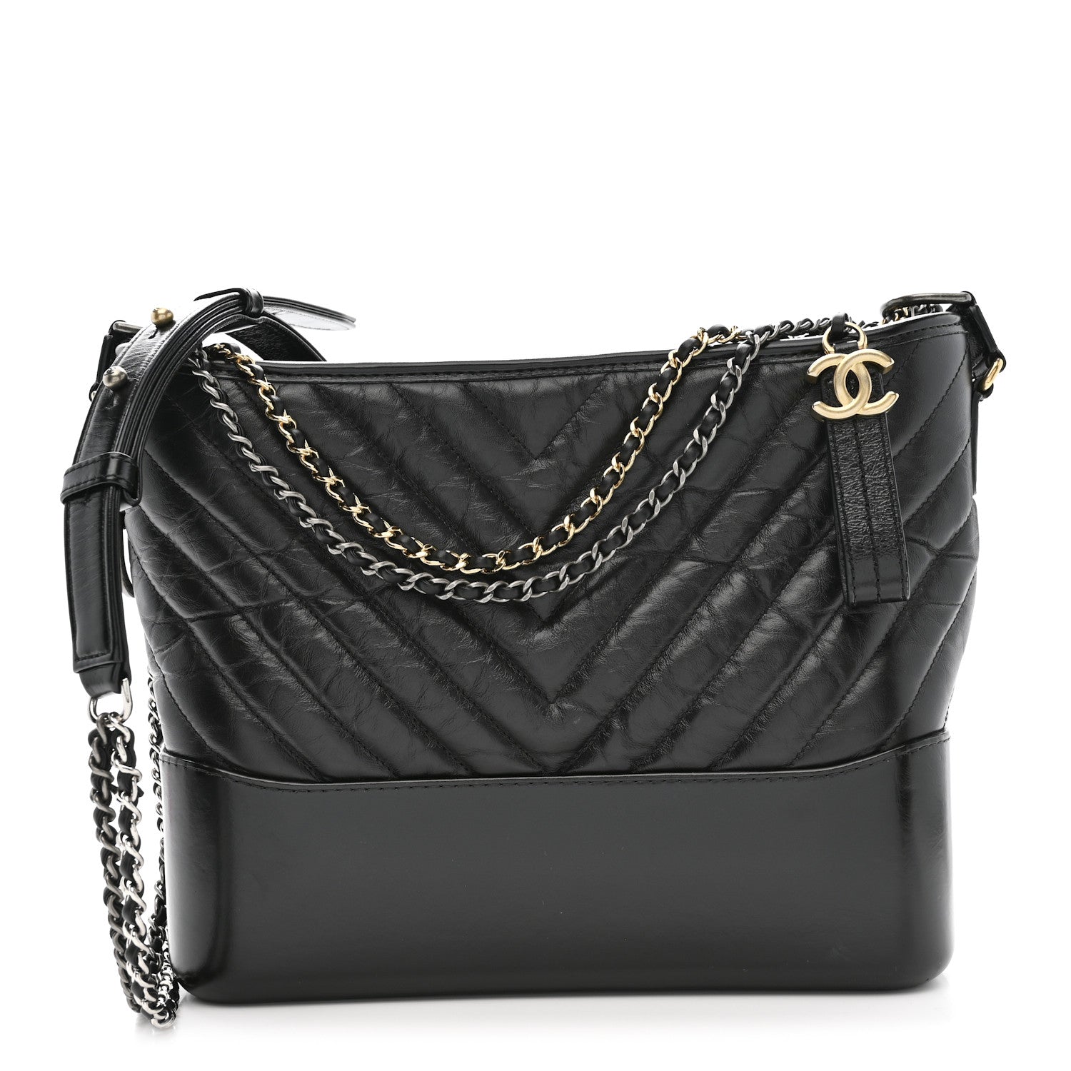 Aged Calfskin Chevron Quilted Medium Gabrielle Hobo Black