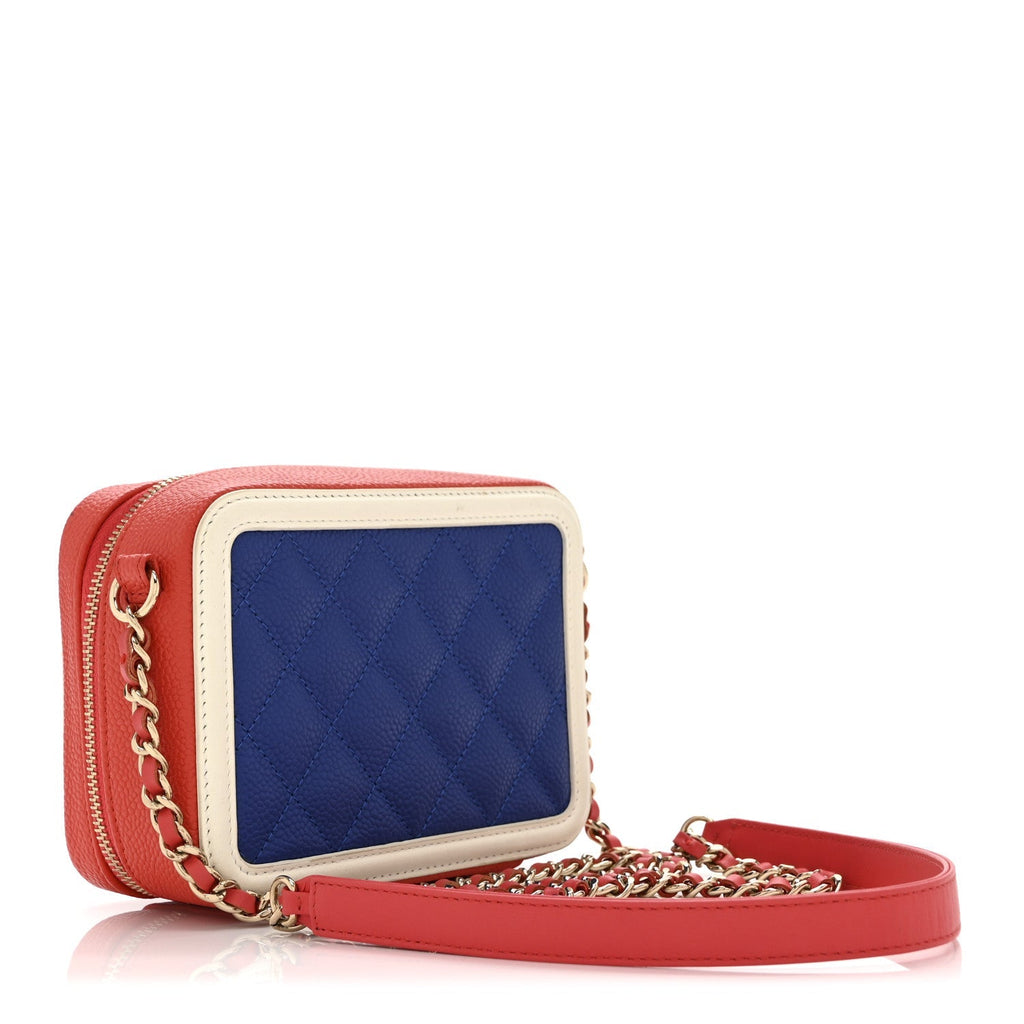Caviar Quilted Filigree Vanity Clutch With Chain Blue White Red