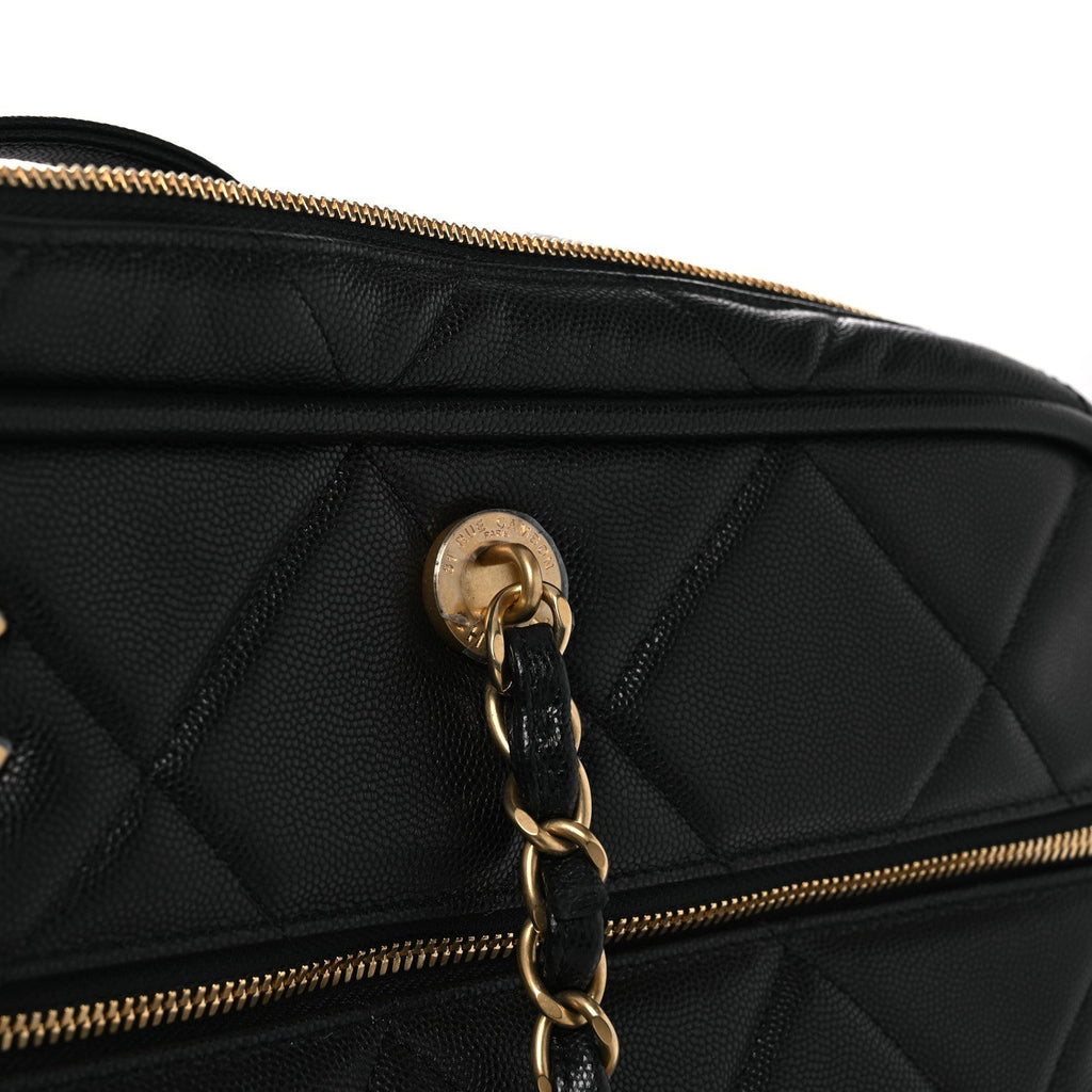 Shiny Grained Calfskin Quilted Large Travel Bowling Bag Black