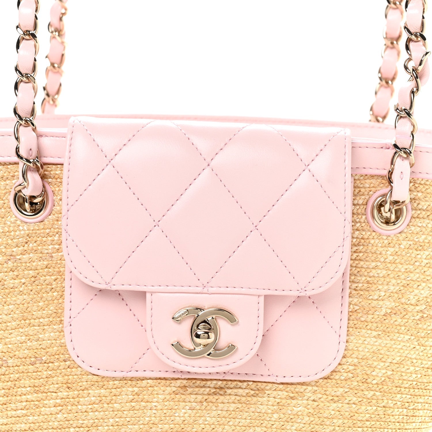 Raffia Lambskin Small Wicker Tote Beige Light Pink