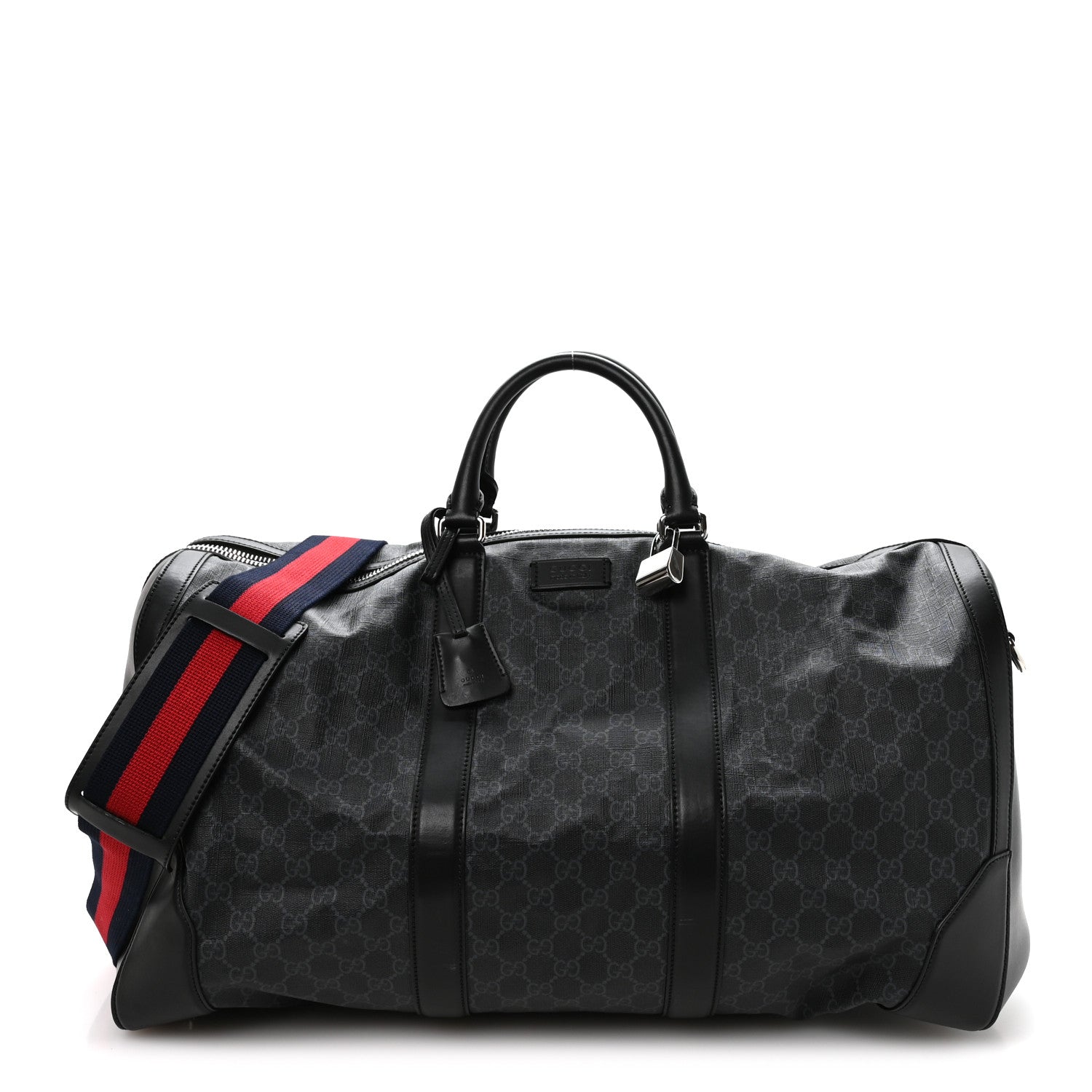 Soft GG Supreme Monogram Appia Calfskin Web Large Carry On Duffle Bag Black Grey