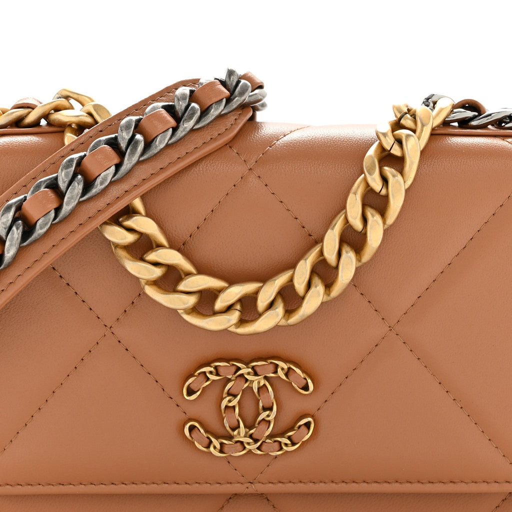 Lambskin Quilted Chanel 19 Wallet On Chain WOC Brown