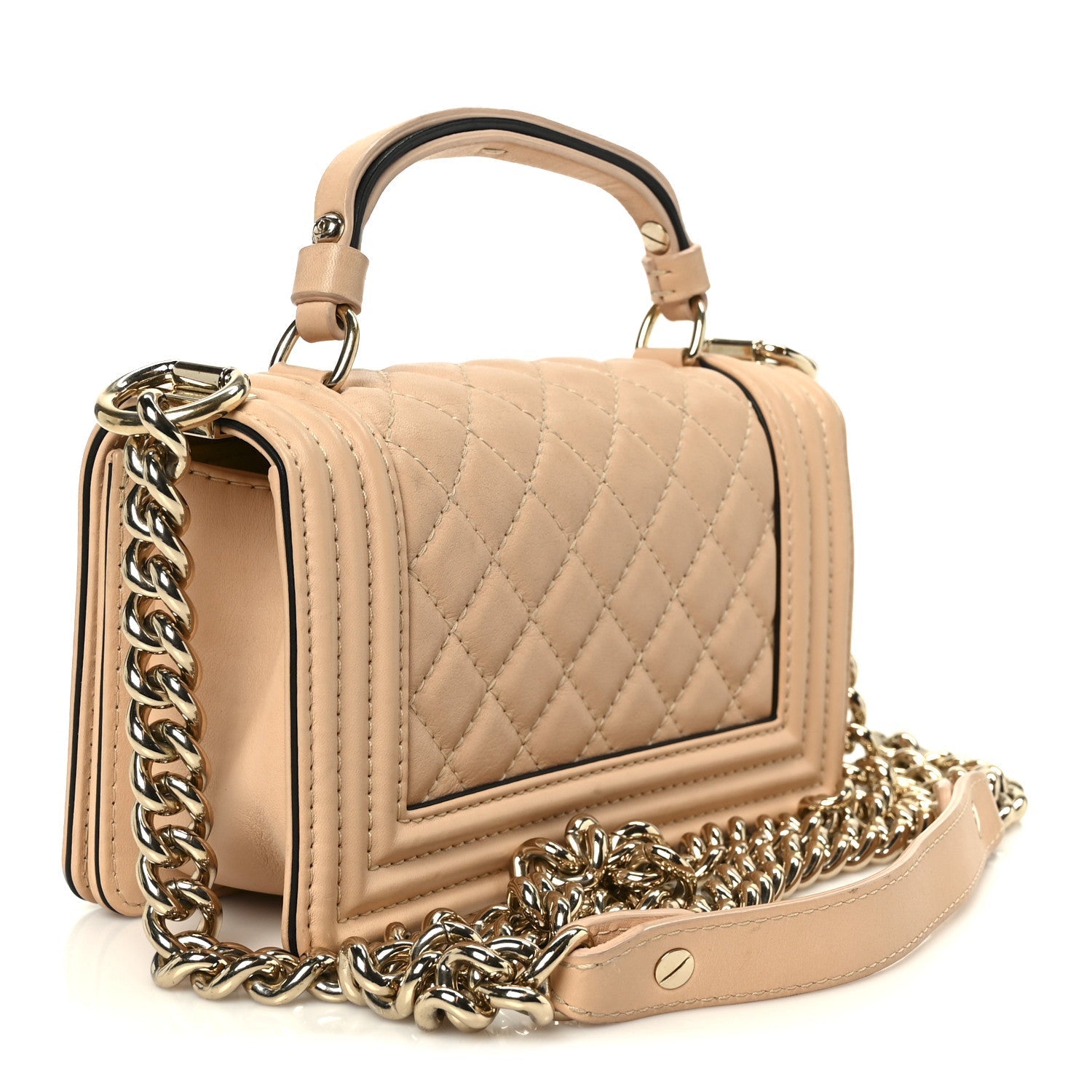 Calfskin Quilted Small Boy Top Handle Flap Beige Clair