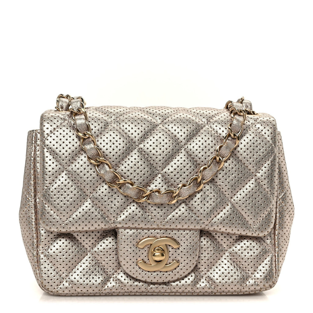 Metallic Lambskin Perforated Mini Square Flap Light Pink