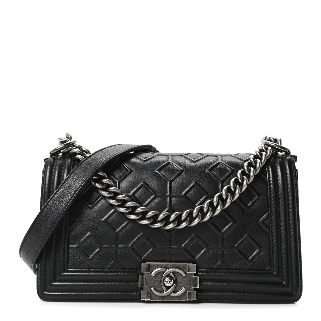 Calfskin Crystal Embossed Medium Boy Flap Black