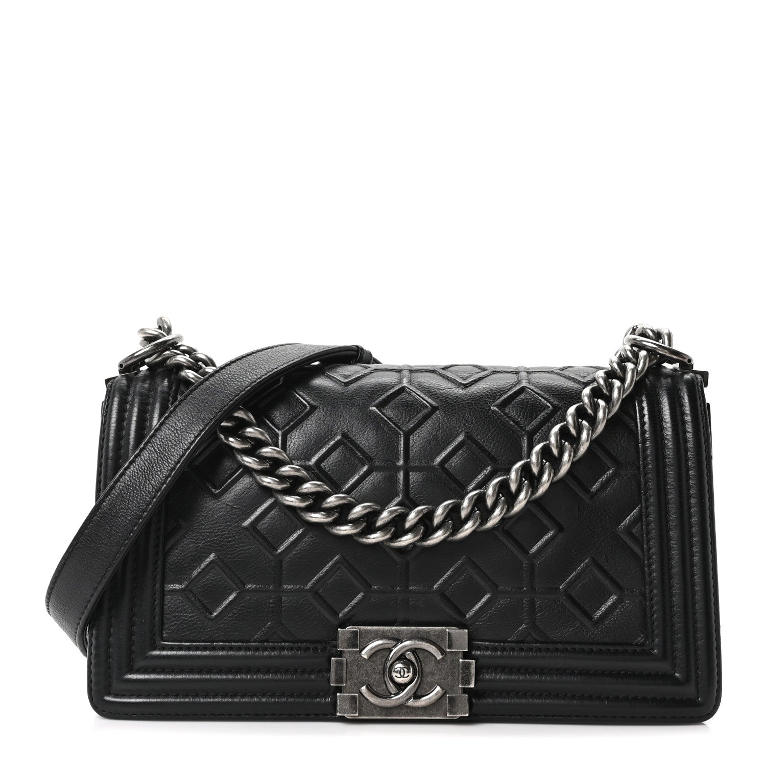 Calfskin Crystal Embossed Medium Boy Flap Black