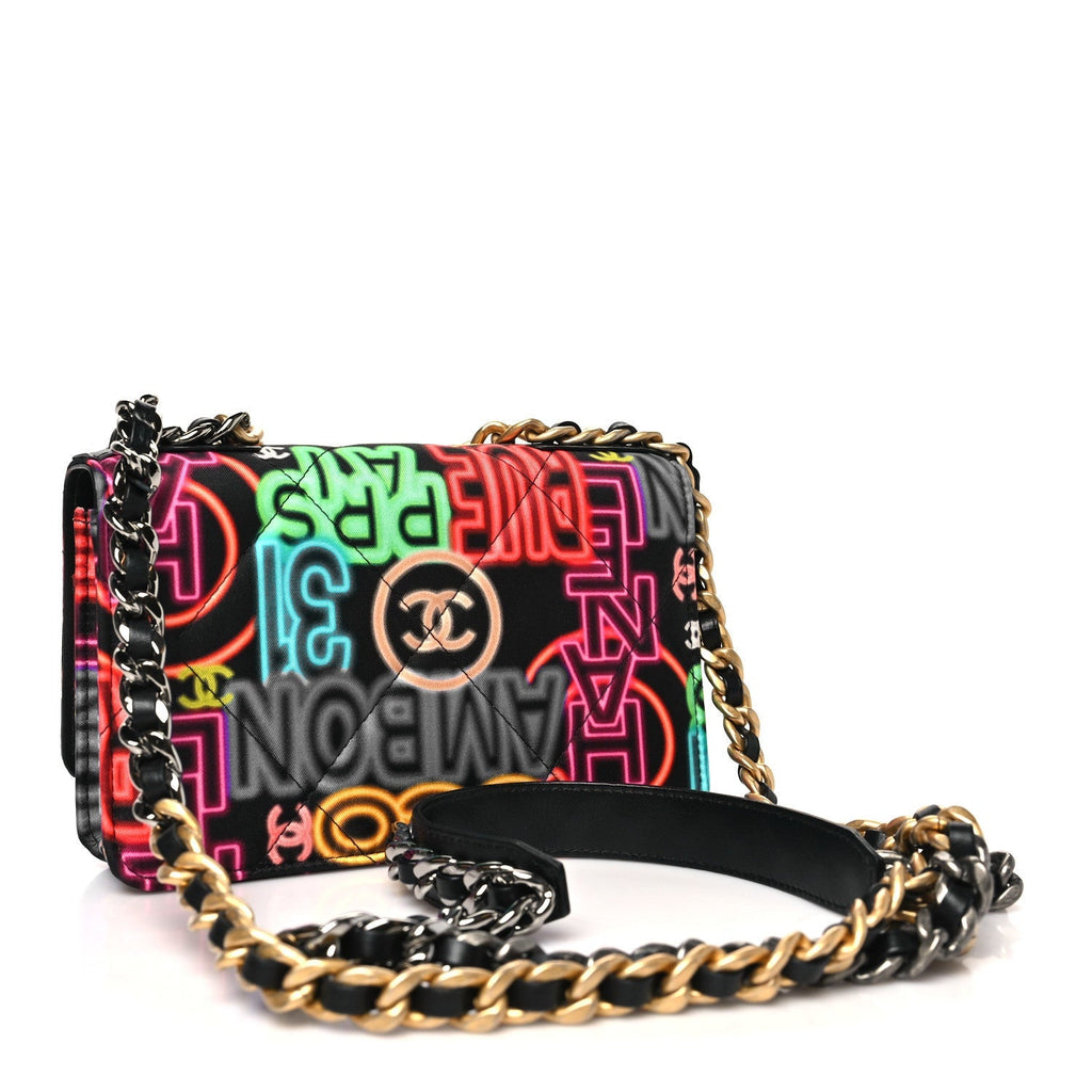 Fabric Printed Chanel 19 Wallet On Chain WOC Black Multicolor
