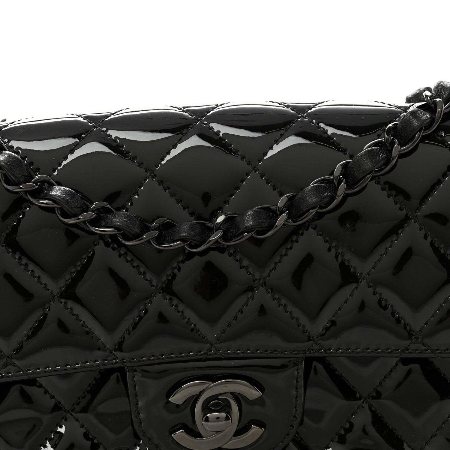 Patent Calfskin Quilted Mini Rectangular Flap So Black