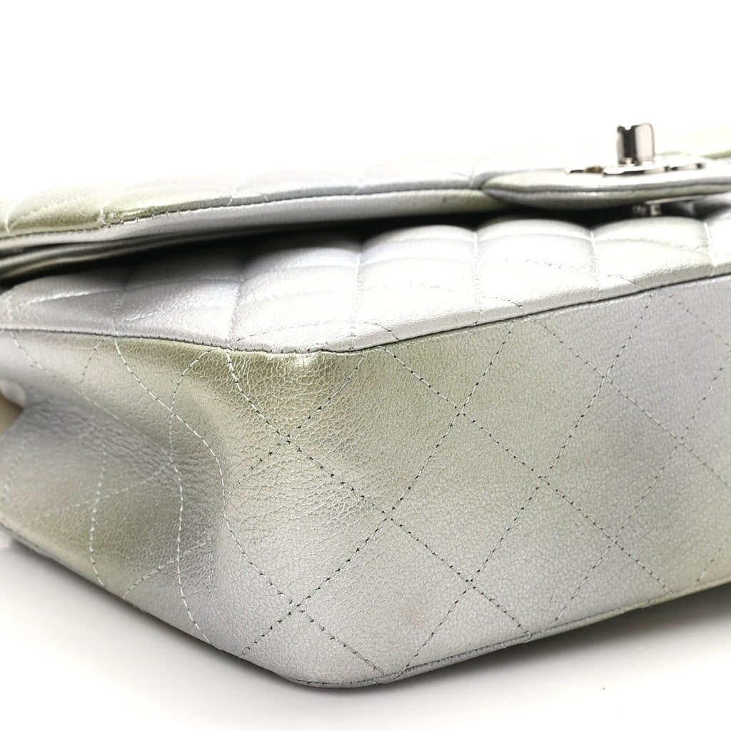 Metallic Goatskin Quilted Ombre Medium Double Flap Grey Green