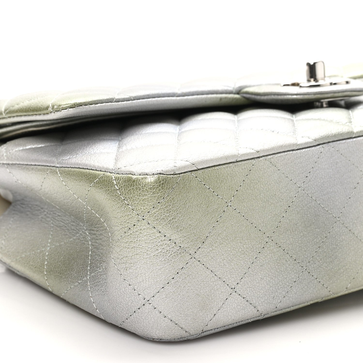 Metallic Goatskin Quilted Ombre Medium Double Flap Grey Green