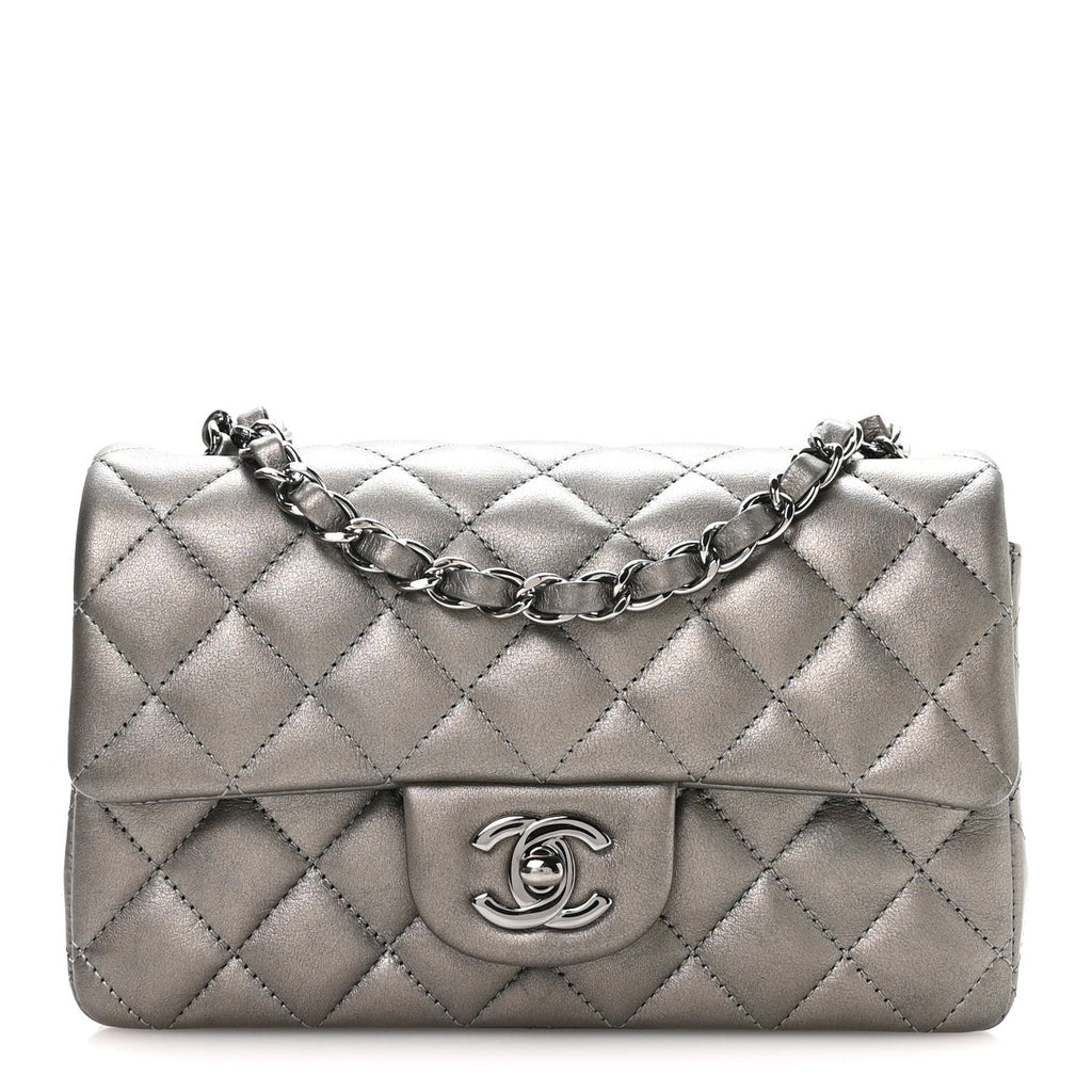 Metallic Lambskin Quilted Mini Rectangular Flap Silver