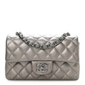 Metallic Lambskin Quilted Mini Rectangular Flap Silver