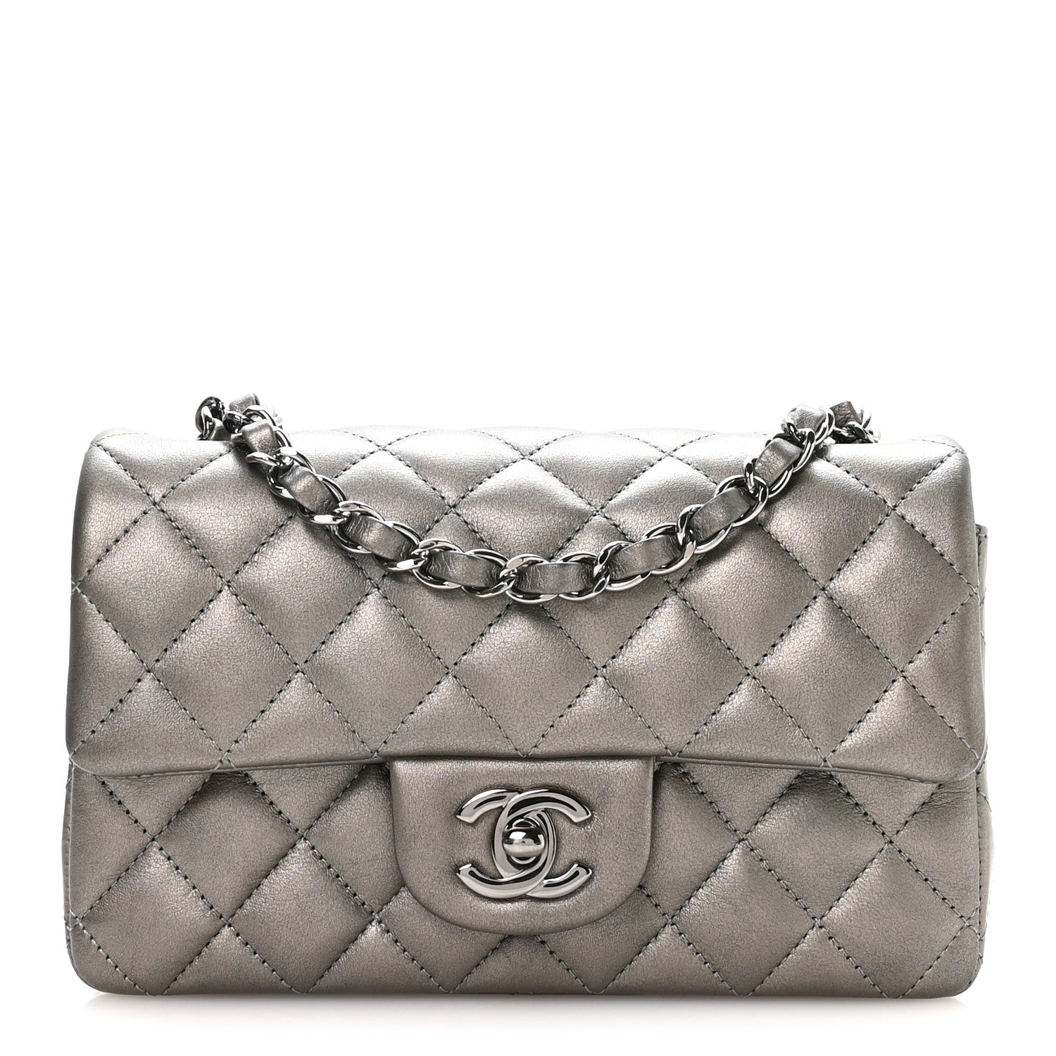 Metallic Lambskin Quilted Mini Rectangular Flap Silver