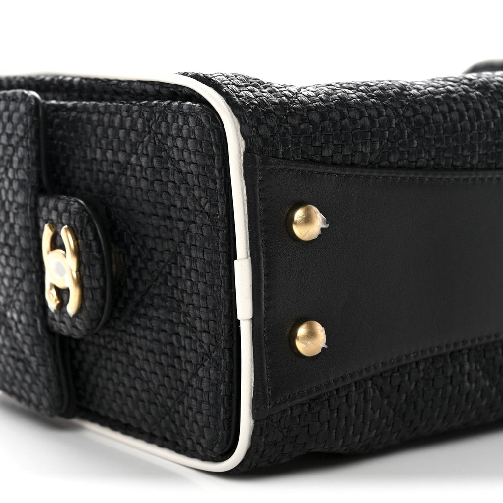 Braided Raffia Calfskin Quilted Mini Chanel 25 Handbag Black White