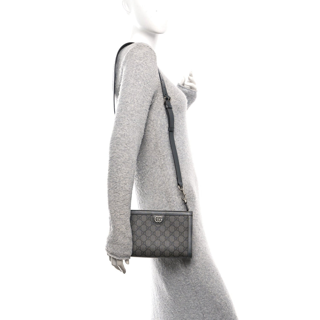 GG Supreme Monogram Textured Dollar Calfskin Web Small Ophidia Shoulder Bag Grey Black Graphite Grey